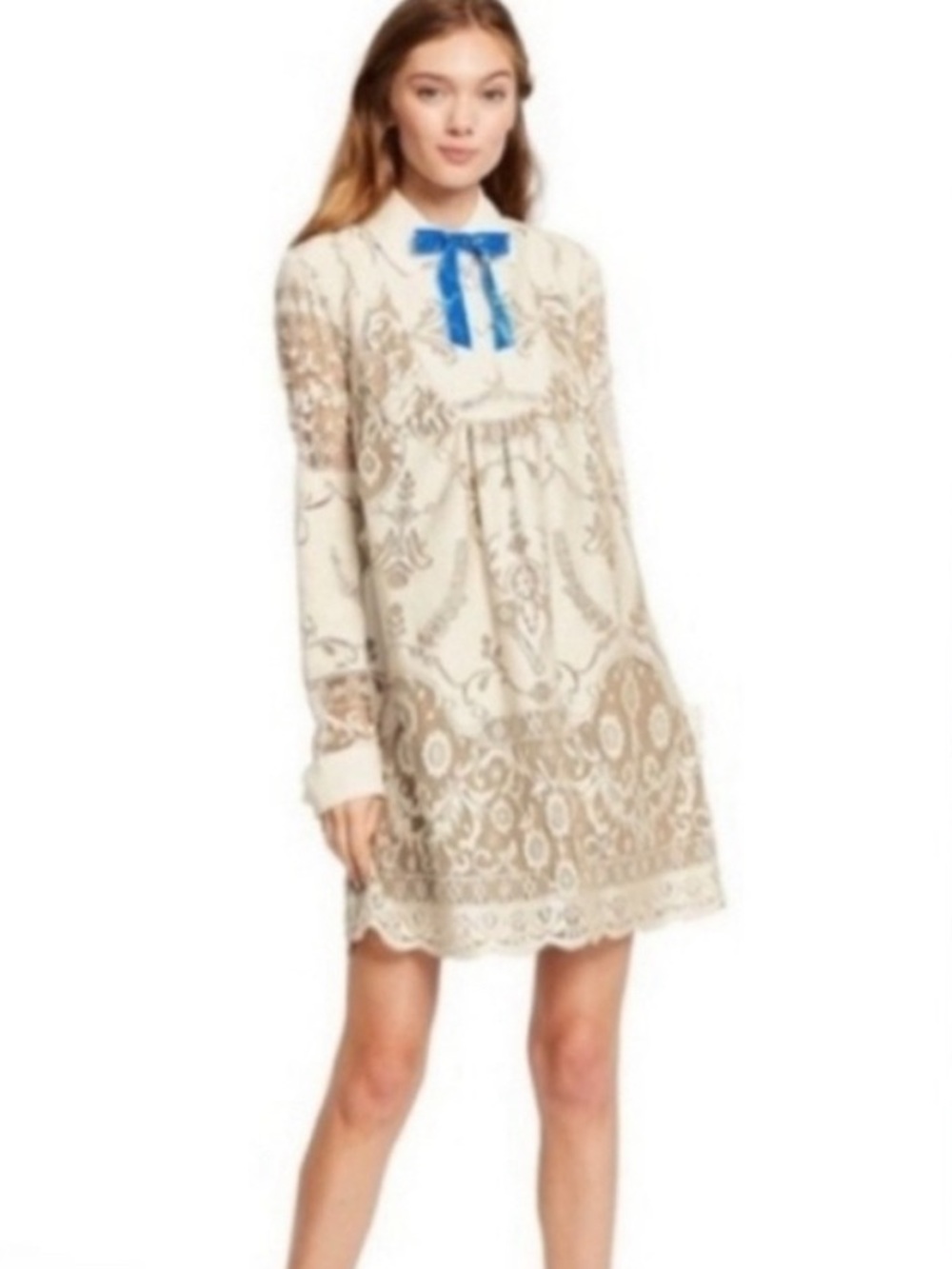 NWT Anna Sui x Target Cream and brown l-Pattern shift Dress with Blue Bow
